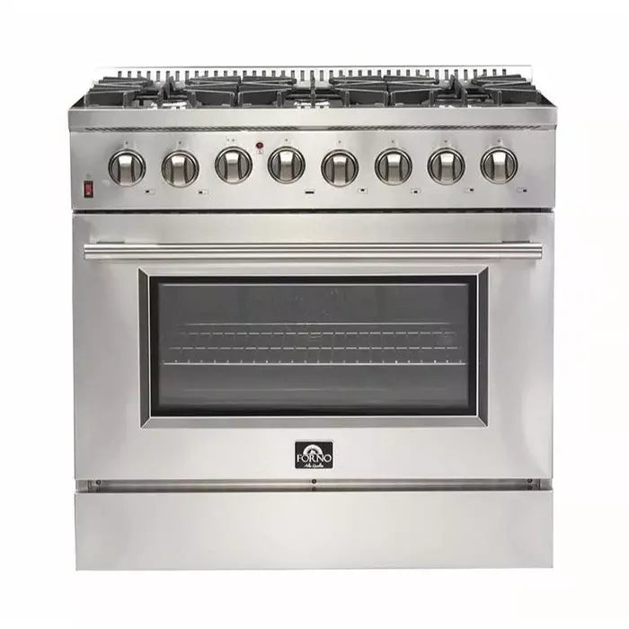Forno 4-Piece Appliance Package - 36" Dual Fuel Range, 36" Refrigerator with Water Dispenser, Microwave Oven, & 3-Rack Dishwasher in Stainless Steel