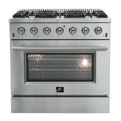 Forno 4-Piece Appliance Package - 36" Gas Range, 56" Pro-Style Refrigerator, Microwave Drawer, & 3-Rack Dishwasher in Stainless Steel