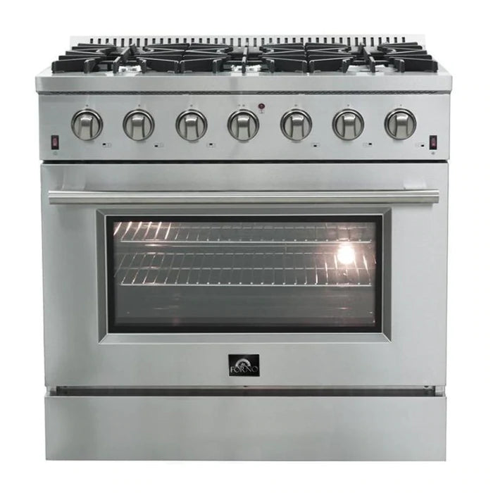 Forno 5-Piece Appliance Package - 36" Gas Range, 36" Refrigerator with Water Dispenser, Wall Mount Hood with Backsplash, Microwave Oven, & 3-Rack Dishwasher in Stainless Steel