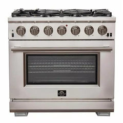 Forno 5-Piece Pro Appliance Package - 36" Gas Range, 56" Pro-Style Refrigerator, Wall Mount Hood with Backsplash, Microwave Oven, & 3-Rack Dishwasher in Stainless Steel