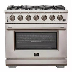 Forno 5-Piece Pro Appliance Package - 36" Gas Range, 36" Refrigerator with Water Dispenser, Wall Mount Hood with Backsplash, Microwave Drawer, & 3-Rack Dishwasher in Stainless Steel