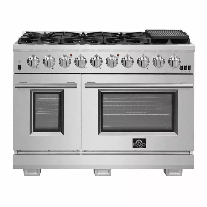 Forno 4-Piece Pro Appliance Package - 48" Gas Range, 36" Refrigerator with Water Dispenser, Microwave Oven, & 3-Rack Dishwasher in Stainless Steel