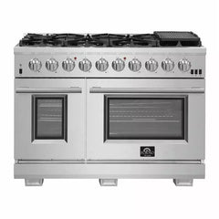 Forno 5-Piece Pro Appliance Package - 48" Gas Range, 36" Refrigerator with Water Dispenser, Wall Mount Hood with Backsplash, Microwave Oven, & 3-Rack Dishwasher in Stainless Steel