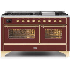 ILVE 60" Majestic II Series Freestanding Dual Fuel Double Oven Range with 8 Sealed Burners, Triple Glass Cool Door, Convection Oven, TFT Oven Control Display, Child Lock and Griddle - UM15F