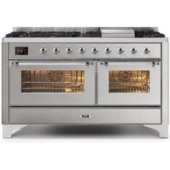 ILVE 60" Majestic II Series Freestanding Dual Fuel Double Oven Range with 8 Sealed Burners, Triple Glass Cool Door, Convection Oven, TFT Oven Control Display, Child Lock and Griddle (UM15F) - Ate and Drank