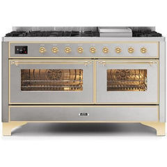 ILVE 60" Majestic II Series Freestanding Dual Fuel Double Oven Range with 8 Sealed Burners, Triple Glass Cool Door, Convection Oven, TFT Oven Control Display, Child Lock and Griddle (UM15F) - Ate and Drank