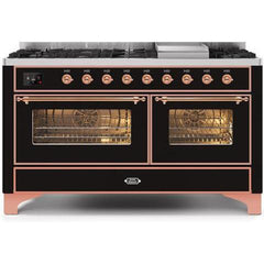 ILVE 60" Majestic II Series Freestanding Dual Fuel Double Oven Range with 8 Sealed Burners, Triple Glass Cool Door, Convection Oven, TFT Oven Control Display, Child Lock and Griddle (UM15F) - Ate and Drank