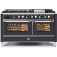 ILVE 60" Majestic II Series Freestanding Dual Fuel Double Oven Range with 8 Sealed Burners, Triple Glass Cool Door, Convection Oven, TFT Oven Control Display, Child Lock and Griddle (UM15F) - Ate and Drank