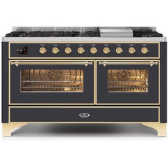 ILVE 60" Majestic II Series Freestanding Dual Fuel Double Oven Range with 8 Sealed Burners, Triple Glass Cool Door, Convection Oven, TFT Oven Control Display, Child Lock and Griddle (UM15F) - Ate and Drank