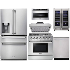 Thor Kitchen 6-Piece Pro Appliance Package - 36-Inch Dual Fuel Range, Refrigerator with Water Dispenser, Under Cabinet Hood, Dishwasher, Microwave Drawer, & Wine Cooler in Stainless Steel