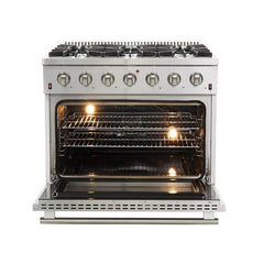 Forno 5-Piece Appliance Package - 36" Gas Range, 56" Pro-Style Refrigerator, Wall Mount Hood with Backsplash, Microwave Drawer, & 3-Rack Dishwasher in Stainless Steel