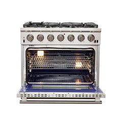 Forno 5-Piece Pro Appliance Package - 36" Gas Range, 56" Pro-Style Refrigerator, Wall Mount Hood with Backsplash, Microwave Oven, & 3-Rack Dishwasher in Stainless Steel