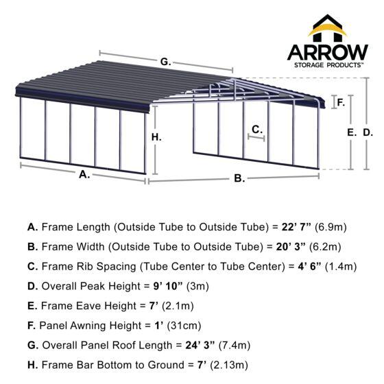 Arrow Carport, 20 ft. x 24 ft. x 7 ft. - CPH202407