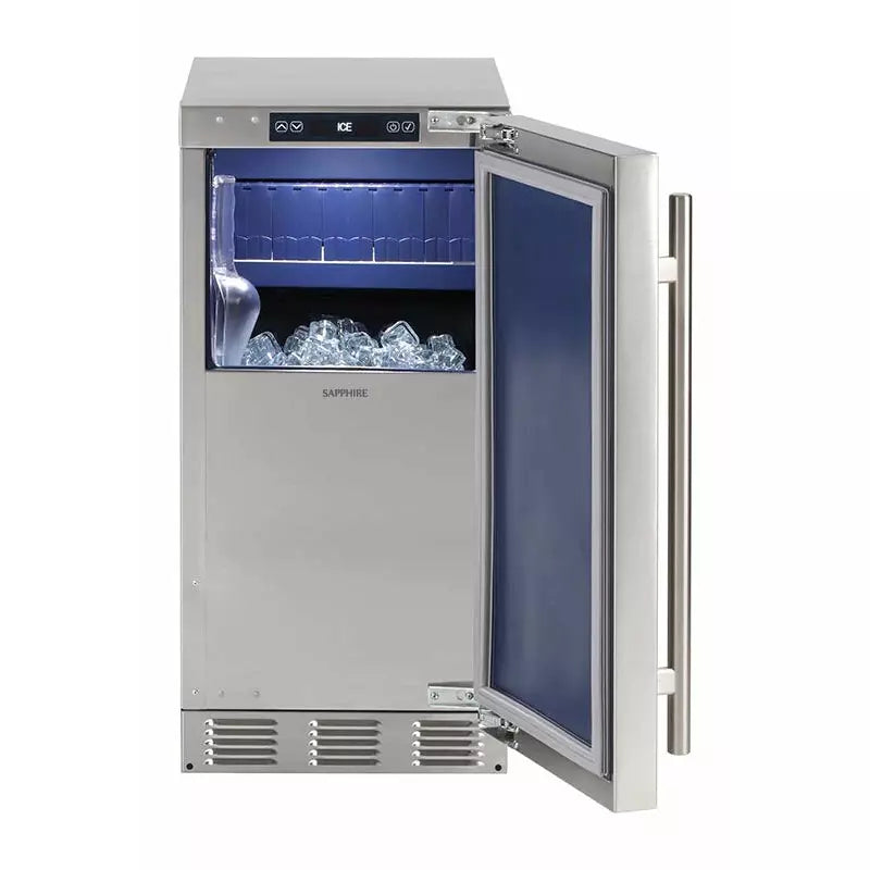 Saffire 15" Outdoor Clear Ice Machine Gourmet Cube Daily Ice Production, 25 lbs. Ice Storage, Cube Ice, Reversible Door, Auto Shut-Off, Signature Sapphire Blue Interior,Stainless Steel and Quiet Mode - SIIM15