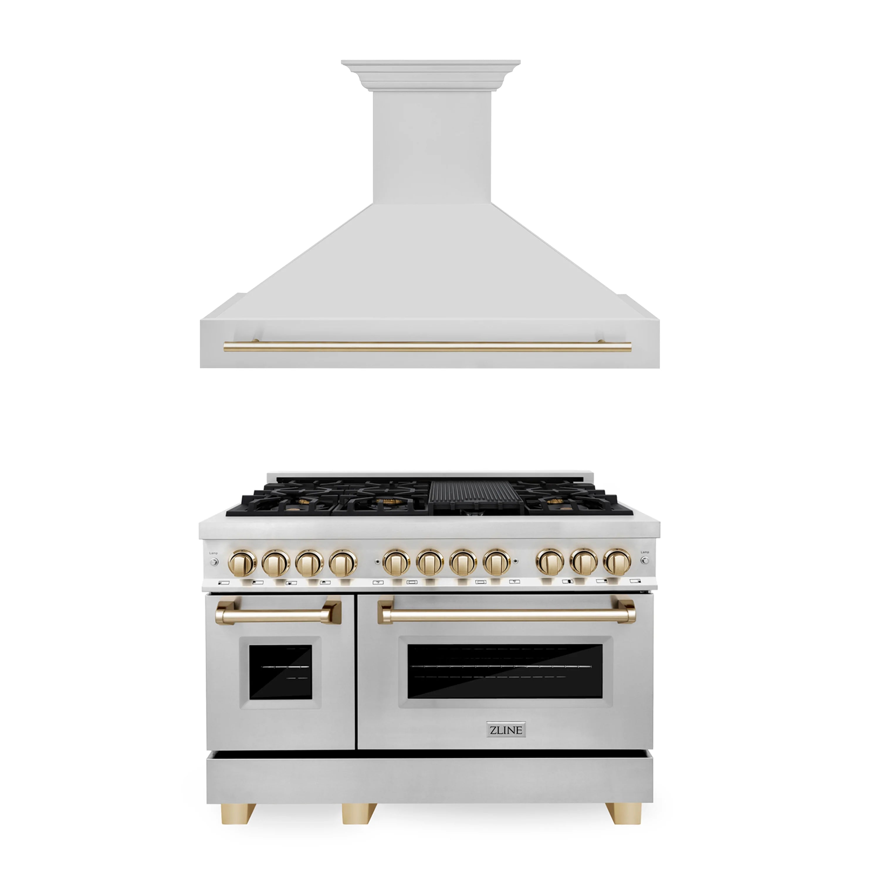 ZLINE 48" Autograph Edition Kitchen Package with Stainless Steel Dual Fuel Range and Range Hood with Gold Accents (2AKP-RARH48-G)