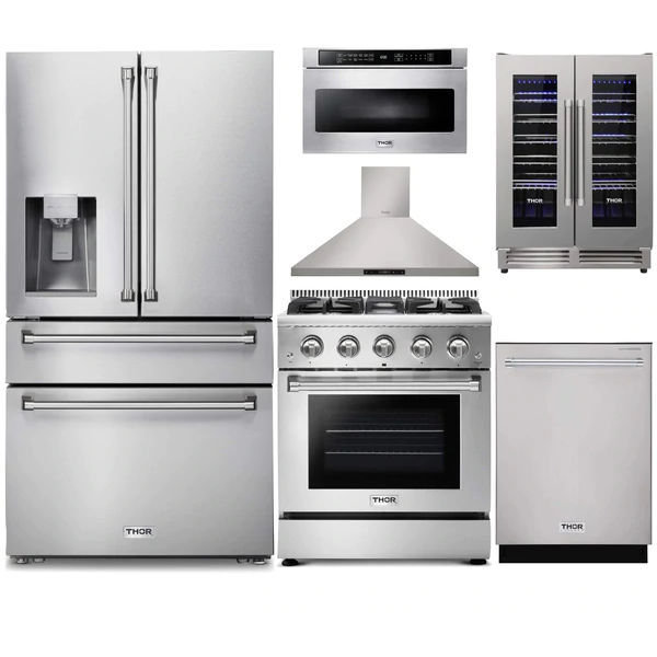 Thor Kitchen 6-Piece Pro Appliance Package - 30-Inch Gas Range, Refrigerator with Water Dispenser, Wall Mount Hood, Dishwasher, Microwave Drawer, & Wine Cooler in Stainless Steel