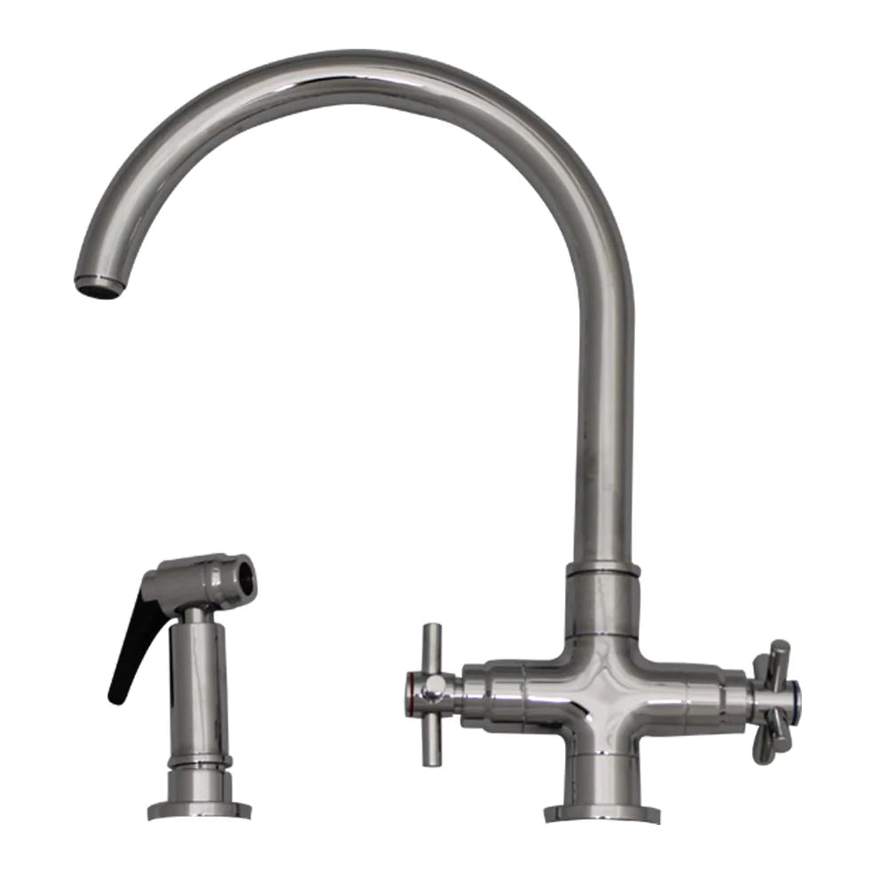 Whitehaus Luxe+ Dual Handle Faucet with Gooseneck Swivel Spout, Cross Style Handles and Solid Brass Side Spray – 3–03954CH85