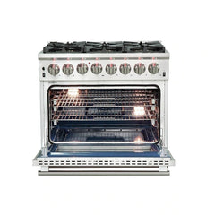 Forno 5-Piece Pro Appliance Package - 36" Dual Fuel Range, 36" Refrigerator with Water Dispenser, Wall Mount Hood with Backsplash, Microwave Drawer, & 3-Rack Dishwasher in Stainless Steel