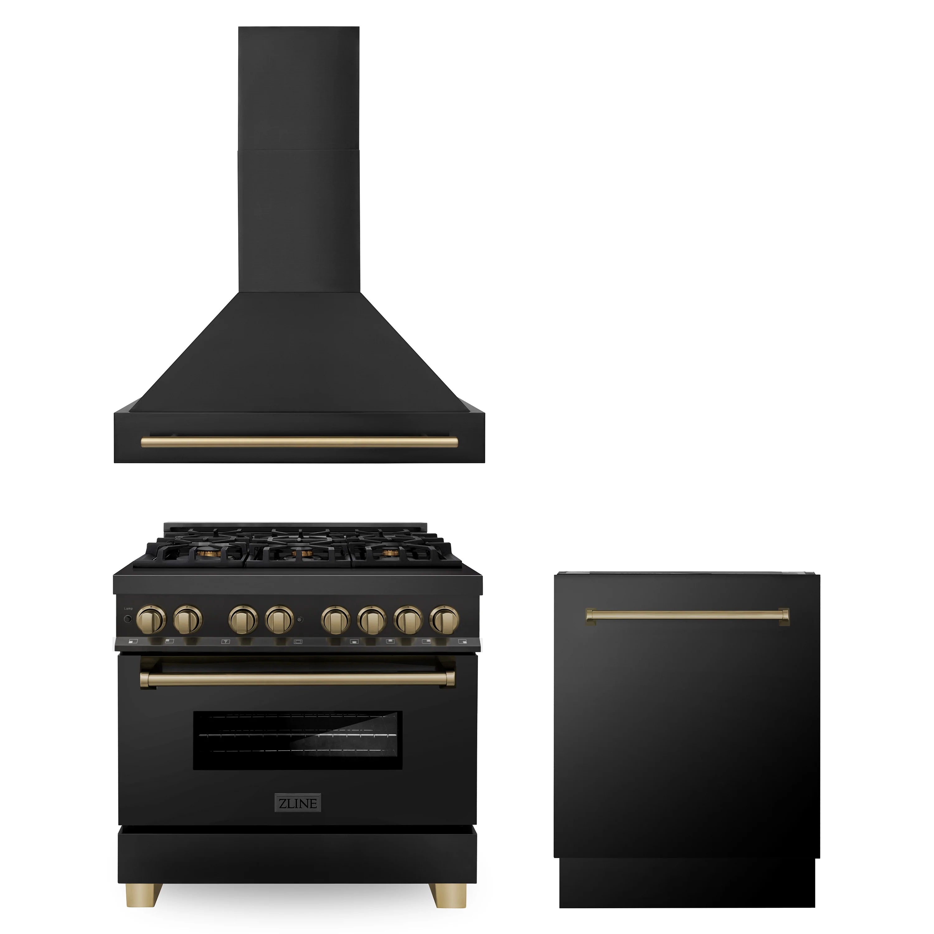 ZLINE 36" Autograph Edition Kitchen Package with Black Stainless Steel Dual Fuel Range, Range Hood and Dishwasher with Champagne Bronze Accents (3AKP-RABRHDWV36-CB)