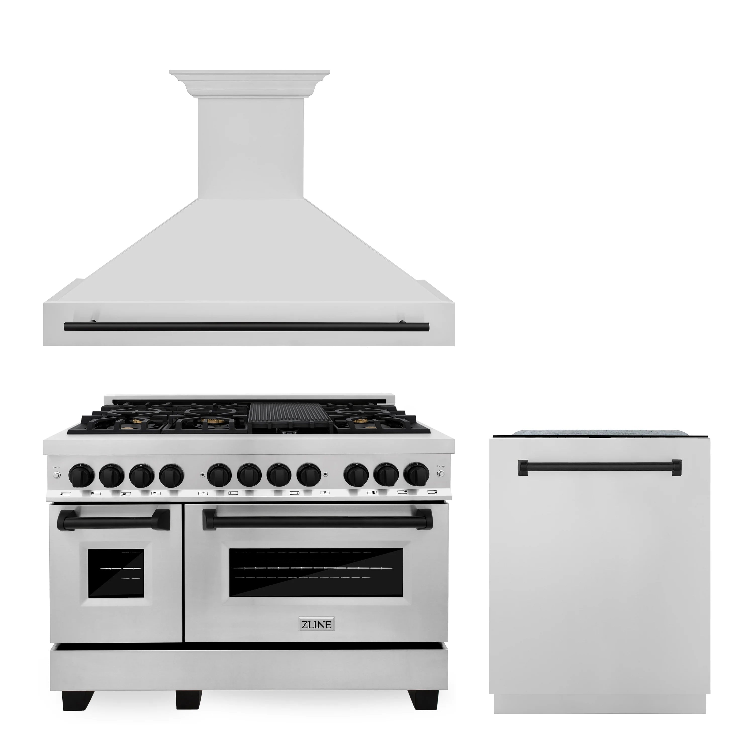 ZLINE 48" Autograph Edition Kitchen Package with Stainless Steel Dual Fuel Range, Range Hood and Dishwasher with Matte Black Accents (3AKP-RARHDWM48-MB)