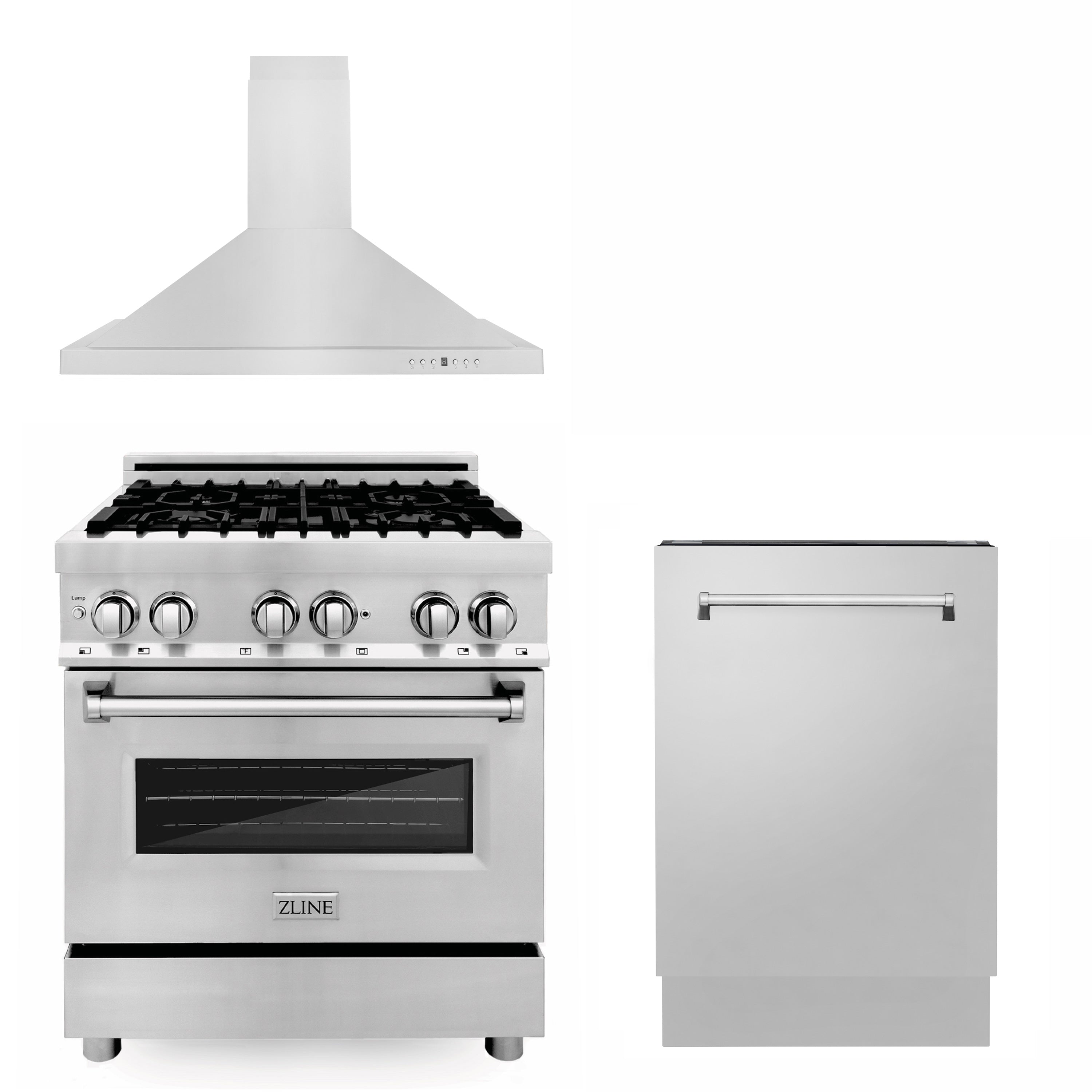 ZLINE 30" Kitchen Package with Stainless Steel Dual Fuel Range, Convertible Vent Range Hood and 3rd Rack Dishwasher - 3KP-RARH30-DWV