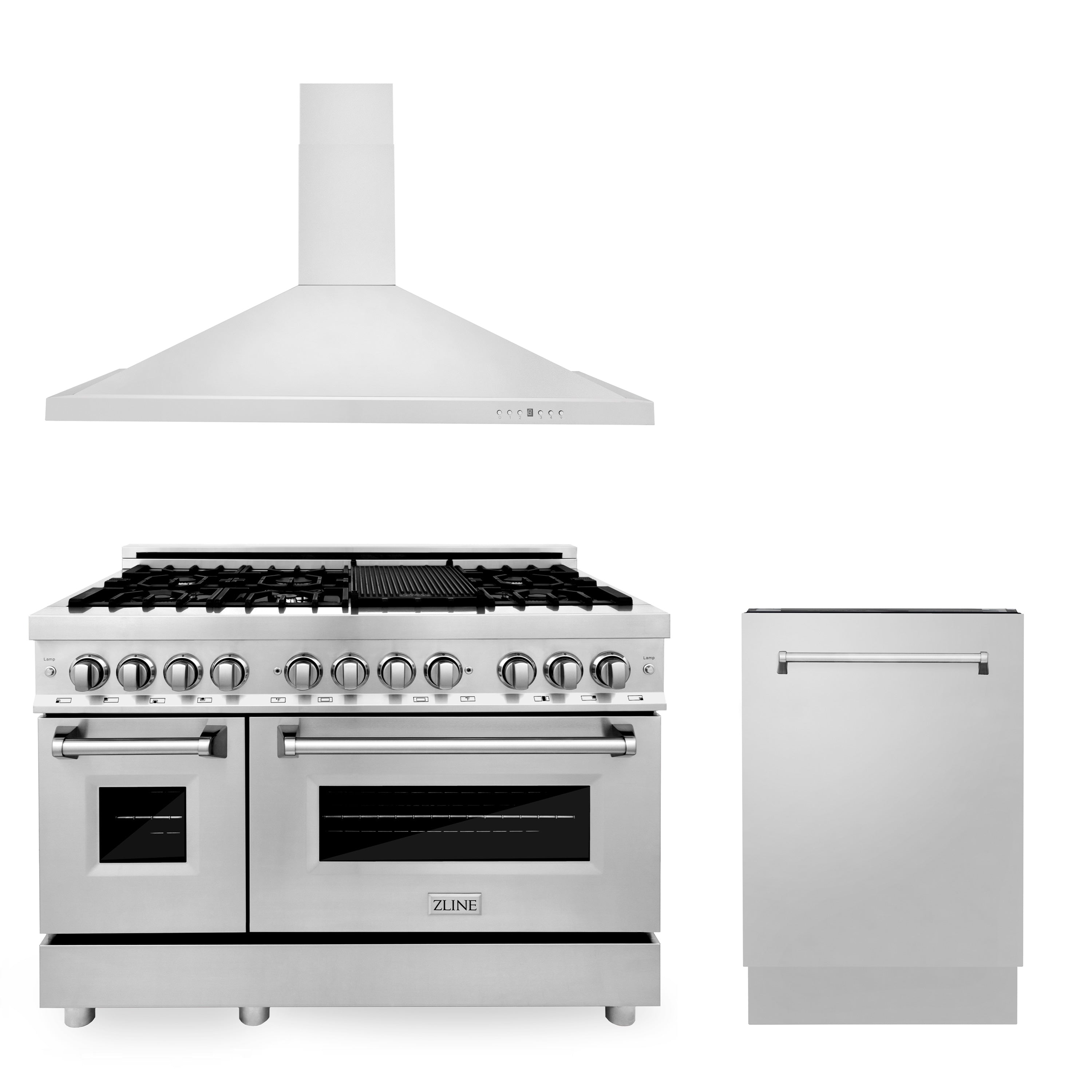 ZLINE 48" Kitchen Package with Stainless Steel Dual Fuel Range, Convertible Vent Range Hood and Tall Tub Dishwasher - 3KP-RARH48-DWV