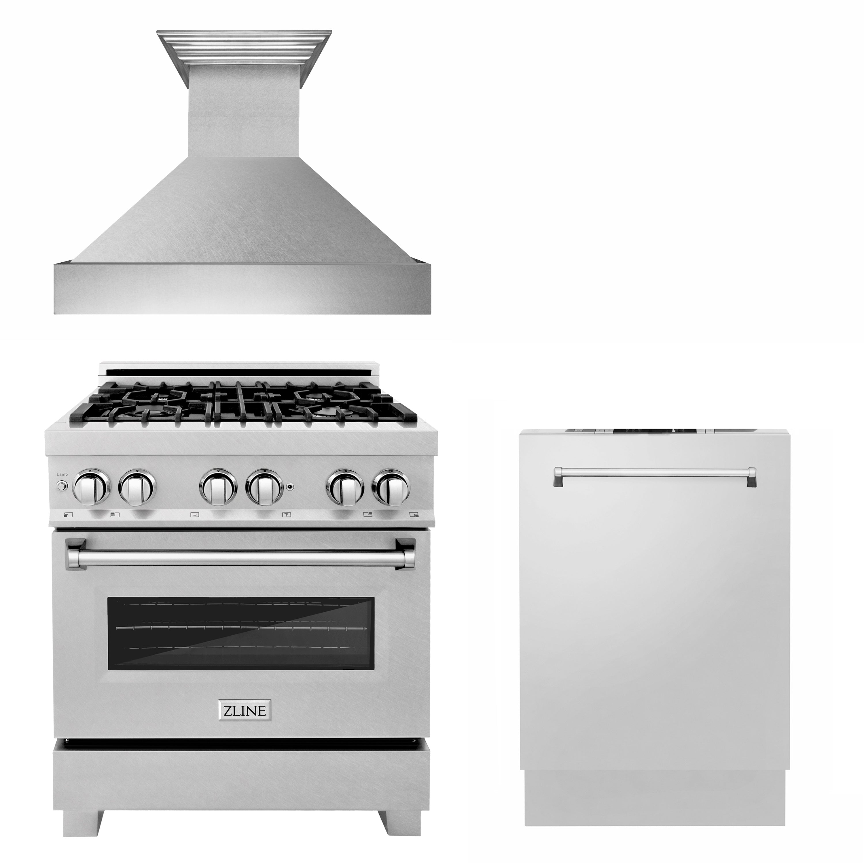 ZLINE 30" Kitchen Package with DuraSnow® Stainless Dual Fuel Range, Ducted Vent Range Hood and Dishwasher - 3KP-RASRH30-DW