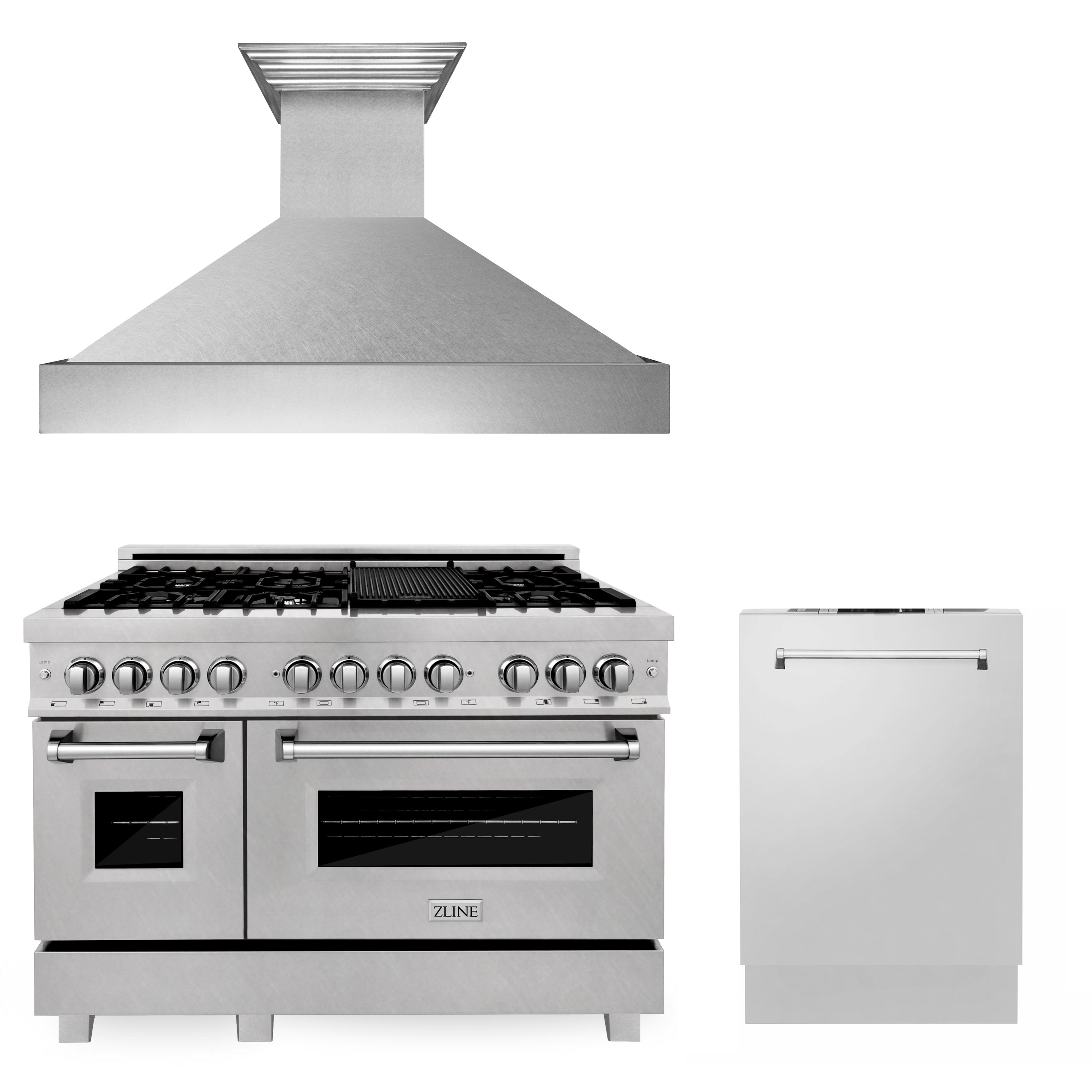 ZLINE 48" Kitchen Package with DuraSnow® Stainless Dual Fuel Range, Ducted Vent Range Hood and Dishwasher - 3KP-RASRH48-DW