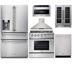 Thor Kitchen 6-Piece Pro Appliance Package - 36-Inch Gas Range, Refrigerator with Water Dispenser, Wall Mount Hood, Dishwasher, Microwave Drawer, & Wine Cooler in Stainless Steel