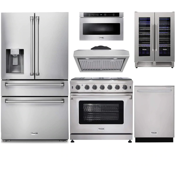 Thor Kitchen 6-Piece Appliance Package - 36-Inch Gas Range, Refrigerator with Water Dispenser, Under Cabinet Hood, Dishwasher, Microwave Drawer, & Wine Cooler in Stainless Steel