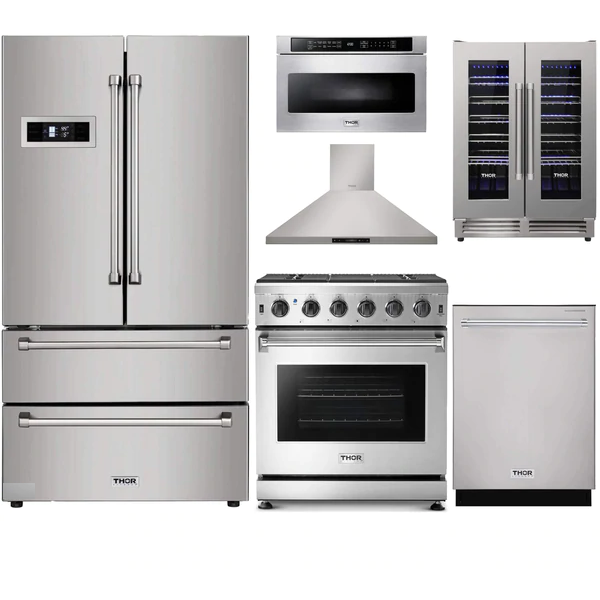 Thor Kitchen 6-Piece Appliance Package - 30" Gas Range, French Door Refrigerator, Wall Mount Hood, Dishwasher, Microwave Drawer, and Wine Cooler in Stainless Steel