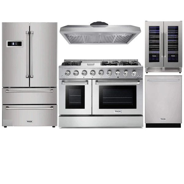Thor Kitchen 5-Piece Pro Appliance Package - 48" Gas Range, French Door Refrigerator, Dishwasher, and Wine Cooler in Stainless Steel