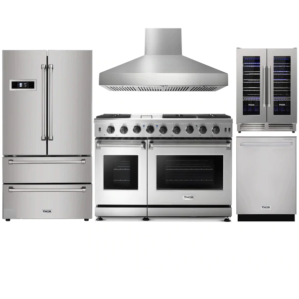 Thor Kitchen 5-Piece Appliance Package - 48" Gas Range, French Door Refrigerator, Pro Wall Mount Hood, Dishwasher, and Wine Cooler in Stainless Steel