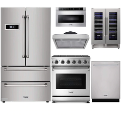 Thor Kitchen 6-Piece Appliance Package - 30" Gas Range, French Door Refrigerator, Under Cabinet Hood, Dishwasher, Microwave Drawer, and Wine Cooler in Stainless Steel