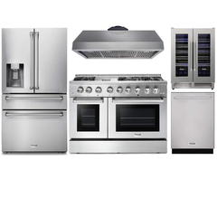 Thor Kitchen 5-Piece Pro Appliance Package - 48-Inch Dual Fuel Range, Under Cabinet Hood, Refrigerator with Water Dispenser, Dishwasher, & Wine Cooler in Stainless Steel