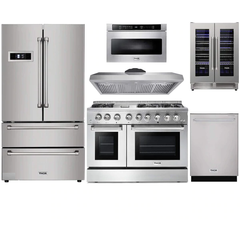Thor Kitchen 6-Piece Pro Appliance Package - 48" Dual Fuel Range, French Door Refrigerator, Dishwasher, Under Cabinet Hood, Microwave Drawer, & Wine Cooler in Stainless Steel
