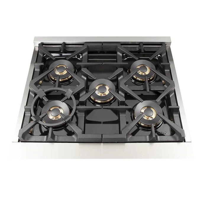 Forno 5-Piece Pro Appliance Package - 30" Dual Fuel Range, 56" Pro-Style Refrigerator, Wall Mount Hood with Backsplash, Microwave Drawer, & 3-Rack Dishwasher in Stainless Steel