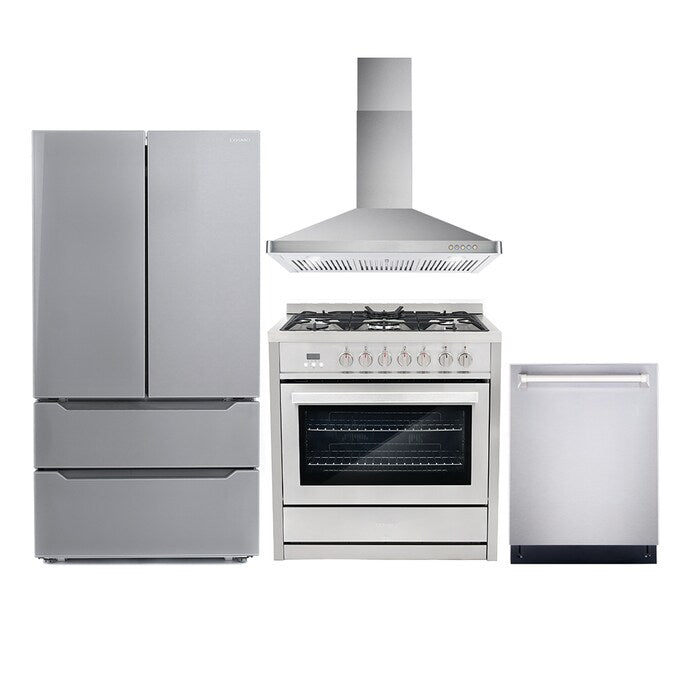 Cosmo 4 Piece Kitchen Package with 36" Freestanding Gas Range 30" Wall Mount Range Hood 24" Built-in Fully Integrated Dishwasher & Energy Star French Door Refrigerator
