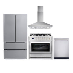 Cosmo 4 Piece Kitchen Package with 36" Freestanding Gas Range 36" Wall Mount Range Hood 24" Built-in Fully Integrated Dishwasher & Energy Star French Door Refrigerator