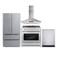 Cosmo 4 Piece Appliance Package with 36" Freestanding Gas Range 36" Wall Mount Range Hood 24" Built-in Fully Integrated Dishwasher & Energy Star French Door Refrigerator