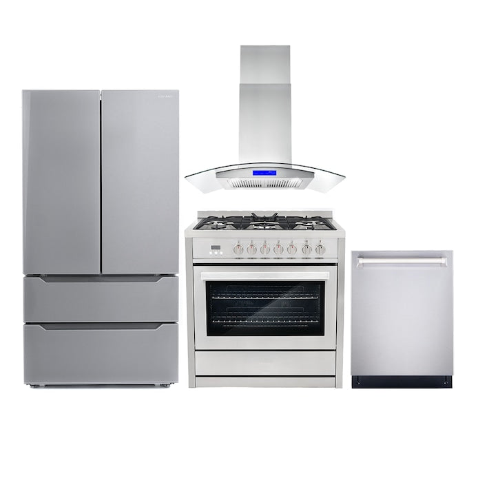 Cosmo 4 Piece Kitchen Package with 36" Freestanding Dual Fuel Range 36" Island Range Hood 24" Built-in Fully Integrated Dishwasher & Energy Star French Door Refrigerator