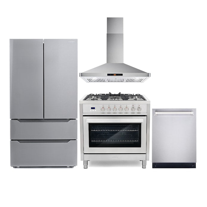 Cosmo 4 Piece Kitchen Package with 36" Freestanding Dual Fuel Range 36" Wall Mount Range Hood 24" Built-in Fully Integrated Dishwasher & Energy Star French Door Refrigerator