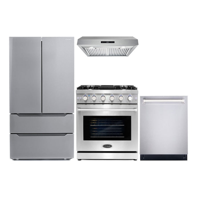 Cosmo 4 Piece Appliance Package with 30" Freestanding Gas Range 30" Under Cabinet Range Hood 24" Built-in Fully Integrated Dishwasher & Energy Star French Door Refrigerator