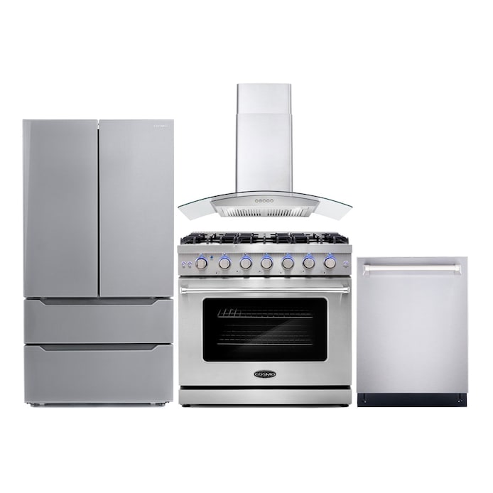 Cosmo 4 Piece Kitchen Package with 36" Freestanding Gas Range 36" Wall Mount Range Hood 24" Built-in Fully Integrated Dishwasher & Energy Star French Door Refrigerator