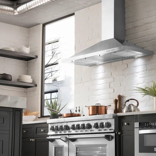 ZLINE 42" Convertible Wall Mount Range Hood in Stainless Steel with Set of 2 Charcoal Filters, LED lighting and Dishwasher-Safe Baffle Filters - KB-CF-42