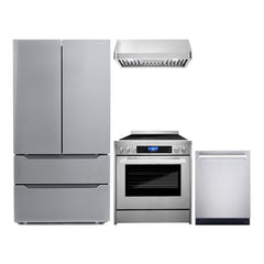 Cosmo 4 Piece Kitchen Package with 30" Freestanding Electric Range 30" Under Cabinet Range Hood 24" Built-in Fully Integrated Dishwasher & Energy Star French Door Refrigerator