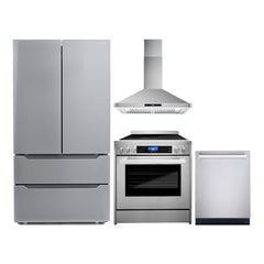 Cosmo 4 Piece Kitchen Package with 30" Freestanding Electric Range 30" Wall Mount Range Hood 24" Built-in Fully Integrated Dishwasher & Energy Star French Door Refrigerator