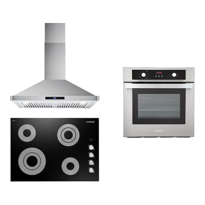 Cosmo 3 Piece Kitchen Package With 30" Electric Cooktop 30" Wall Mount Range Hood 24" Single Electric Wall Oven
