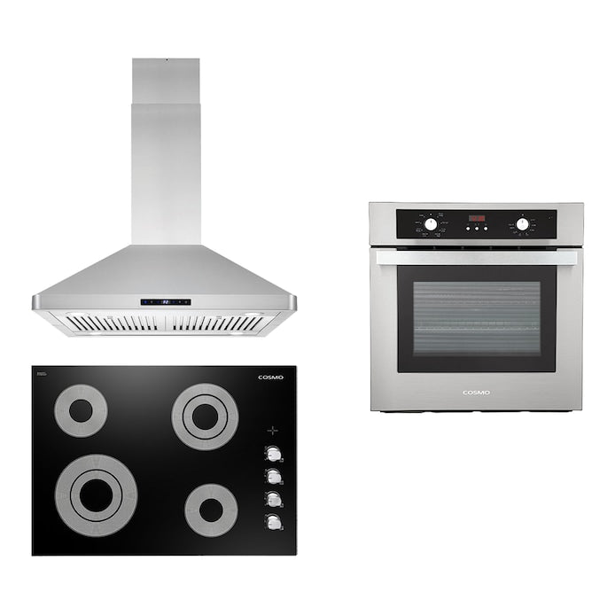 Cosmo 3 Piece Kitchen Package With 24" Single Electric Wall Oven 30" Electric Cooktop 30" Island Range Hood