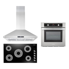 Cosmo 3 Piece Kitchen Package With 24" Single Electric Wall Oven 36" Electric Cooktop 36" Island Range Hood